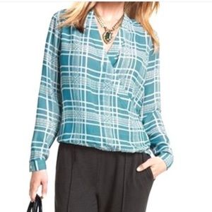 CAbi Windowpane Plaid Print Surplice Faux Wrap Blouse Blue/White #3068 Sz XS